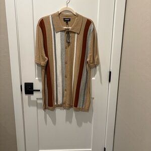 Express Tan, Brown, and Gray Striped Casual Button Down Shirt